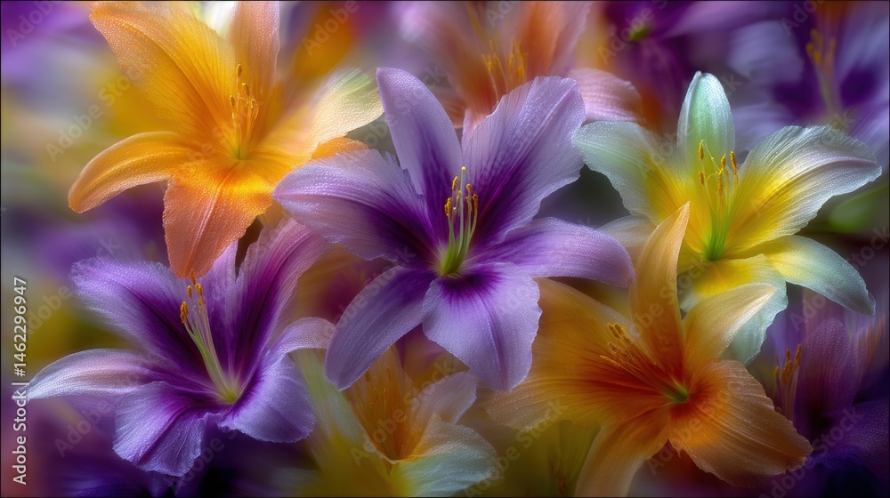 A vibrant arrangement of colorful lilies in full bloom, showcasing their delicate petals and vivid hues A vibrant arrangement of colorful lilies in full bloom, showcasing their delicate petals and vivid hues