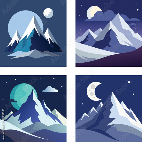 Night Mountain Vector Set with Moon and Snow Peaks Illustration