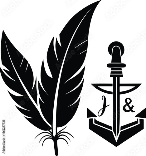 Feather Quill Anchor Writing on White Background