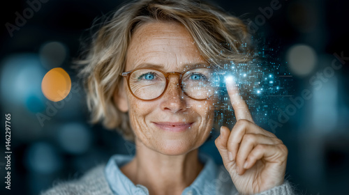 Smiling middle-aged woman interacting with futuristic digital interface