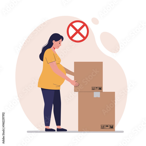 Pregnant woman avoiding heavy lifting with cardboard boxes, vector illustration shows that pregnant women should not lift heavy objects, suitable for educational materials