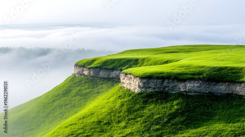 Serene sunrise over a grassy clifftop, mist-shrouded valley below