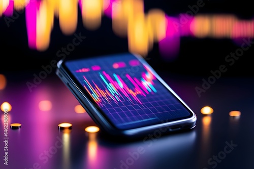 Smartphone displays dynamic stock market graph data against a blurred, colorful chart background