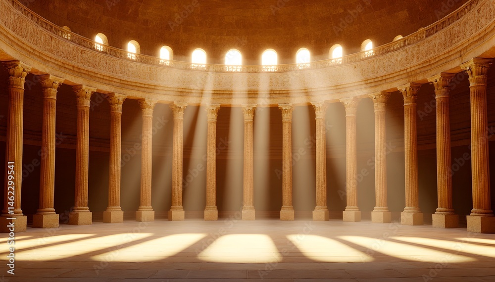Obraz premium Sunbeams illuminate a grand, circular hall with columns and arched windows, creating a majestic atmosphere