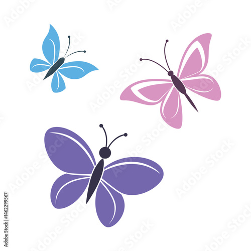 Three Colorful Butterfly Vector Art & Icons on White Background. Vector Illustration