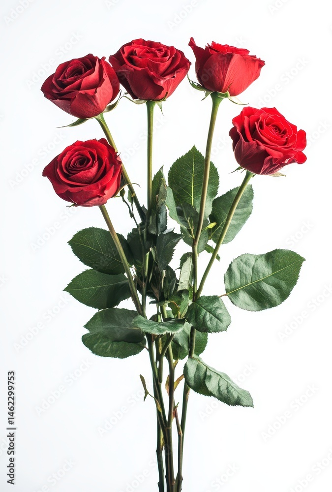 Obraz premium Elegant Arrangement of Fresh Red Roses with Green Leaves Against Clear Background, Perfect for Celebrating Love and Romance