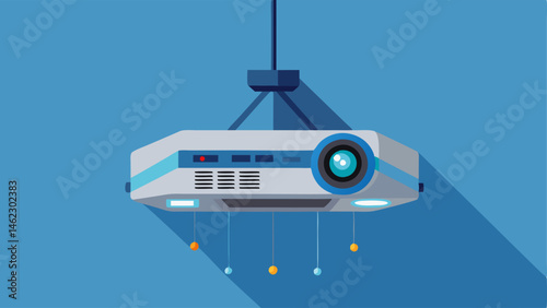 A stateoftheart projector hangs from the ceiling ready for use.