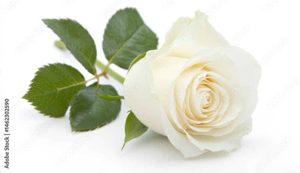 Fototapeta premium Elegant White Rose with Lush Green Leaves Isolated on Light Background Symbolizing Purity, Innocence, and Love in Floral Arrangements or Weddings