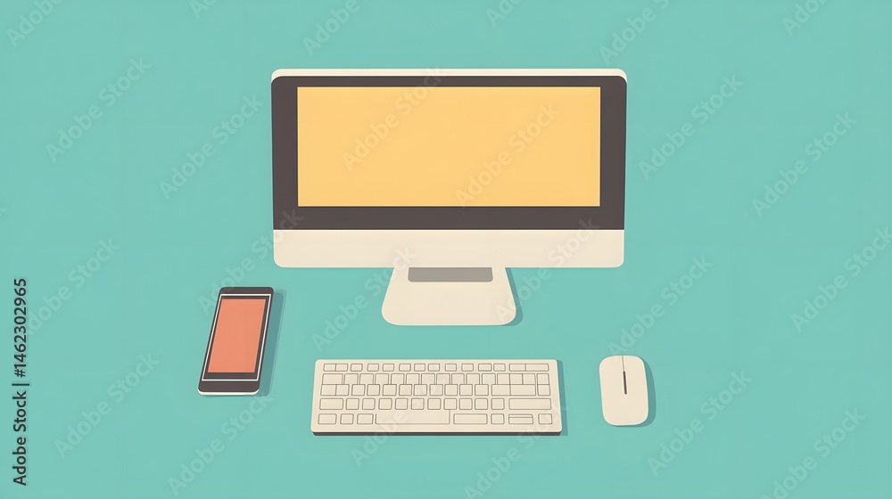 Flat design illustration of a computer workstation.