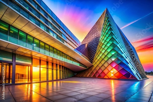 Multicolored Cone Gradient Architecture: Abstract Geometric Building Design
