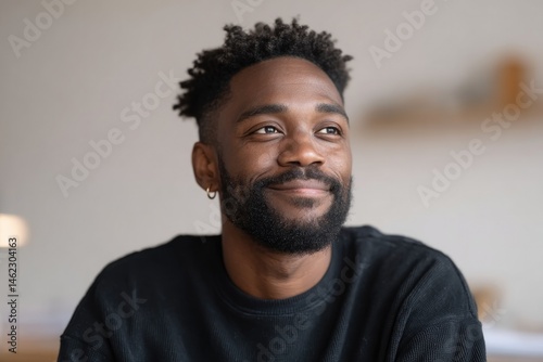 diverse individual focused and smiling expressing eagerness for financial knowledge minimalistic setting photo