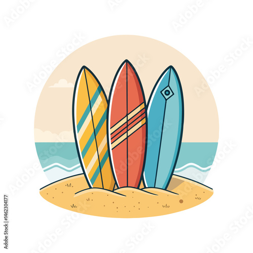 Three colorful surfboards are standing upright on the sand, ready for a day of surfing, with a transparent background

