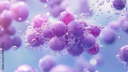 Cluster of vibrant purple spheres, resembling grapes, suspended in a bubbly liquid environment