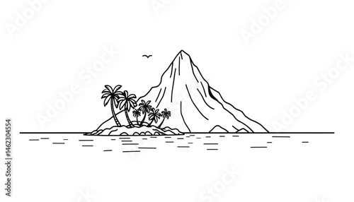 Island mountain view with palm trees and ocean in the distance