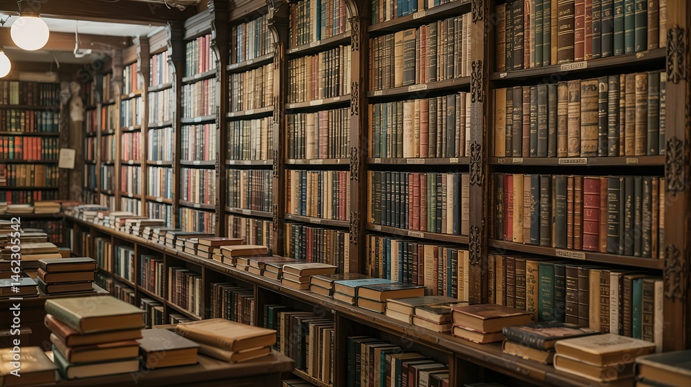 Fototapeta premium Antique Bookshelves Filled with Aged Volumes in a Dimly Lit Libr