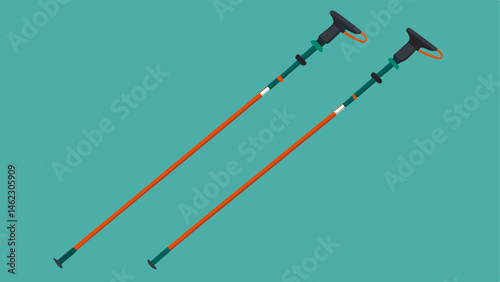 OneHanded Hiking Poles Vector images of adjustable hiking poles that can be operated with one hand featuring ergonomic grips and a simple locking mechanism.