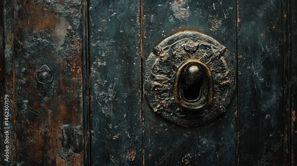 Fototapeta premium Antique Wooden Door with Intricate Metal Handle and Rustic Texture