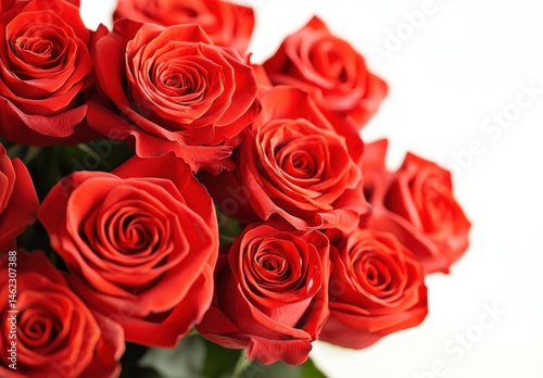Lush Red Roses Freshly Arranged in a Beautiful Bouquet with Soft Focus and Natural Lighting on a White Background for Romantic Occasions