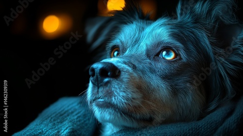 A blue-eyed dog gazes thoughtfully into the distance, surrounded by warm, glowing lights