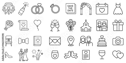 Delicate outline wedding elements celebrate romance and commitment, icons for couples getting married, a charming day