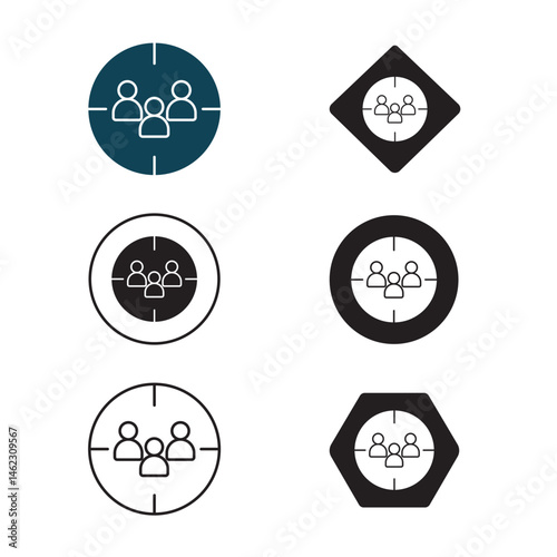 Audience Targeting icon, Precision Reach Mastering the Art of Audience Targeting, Smart Segments, Better Results Unlocking the Power of Targeted Marketing, flat, black, white, sheet, vector