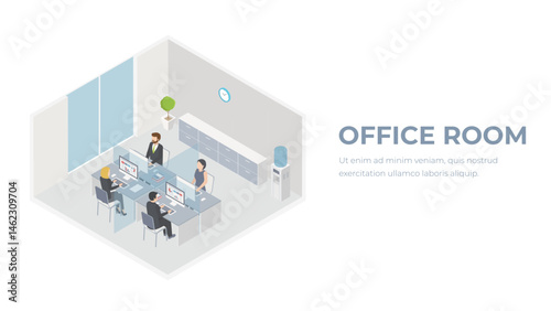 Office room isometric illustration. Office workers on workplace. People in office interior.
