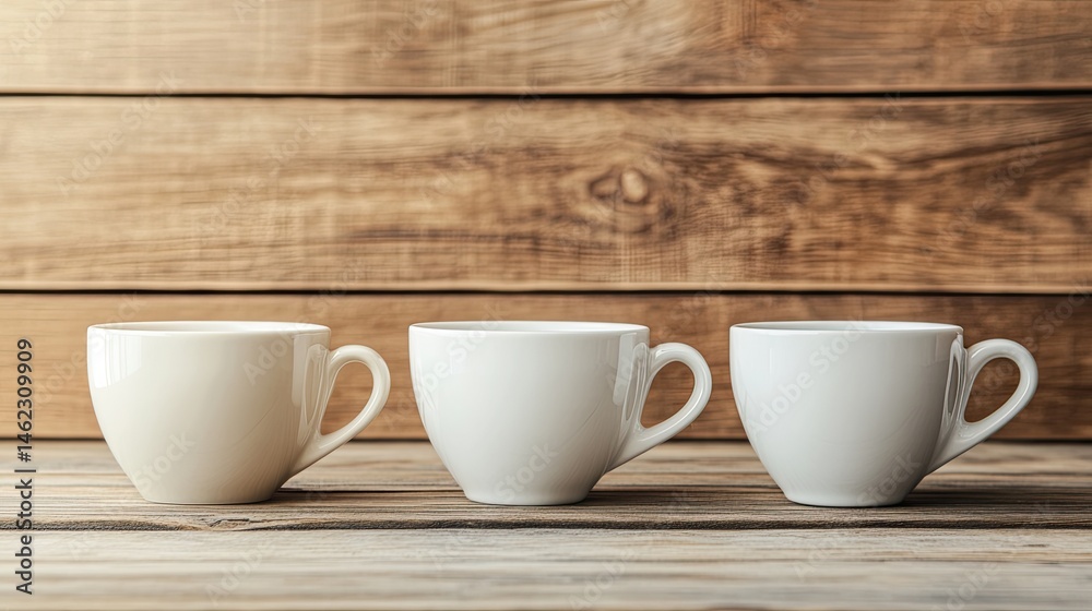 Three Simple Elegant Coffee Cups on Wooden Table Background Three Simple Elegant Coffee Cups on Wooden Table Background