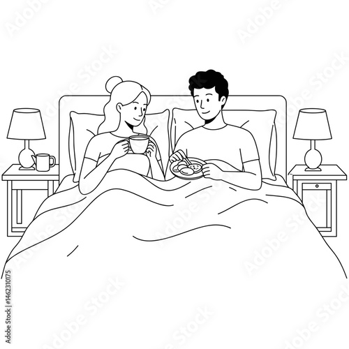 Couple enjoying breakfast in bed with smiles and cozy atmosphere  