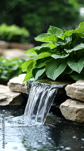 Water feature cascading over rocks into pond Lush foliage surrounds