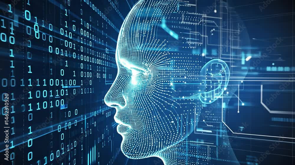 Future AI tech machine learning, face outline circuit board and binary data flow on blue Loop background. cyber mind Human fast digital computing