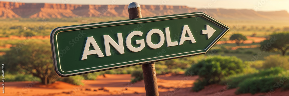 on the pole there is a direction arrow with the inscription Angola against the background of a picturesque summer landscape