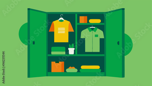 Green Wardrobe An open wardrobe filled with a selection of colorful sustainable clothing items with ecofriendly labels popping out.