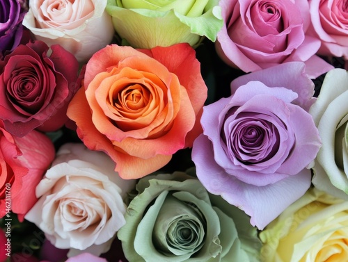 Vibrant and Colorful Roses Arrangement Captured Up Close, Showcasing Various Shades of Pink, Orange, Lavender, and Cream, Ideal for Floral Designs and Backgrounds