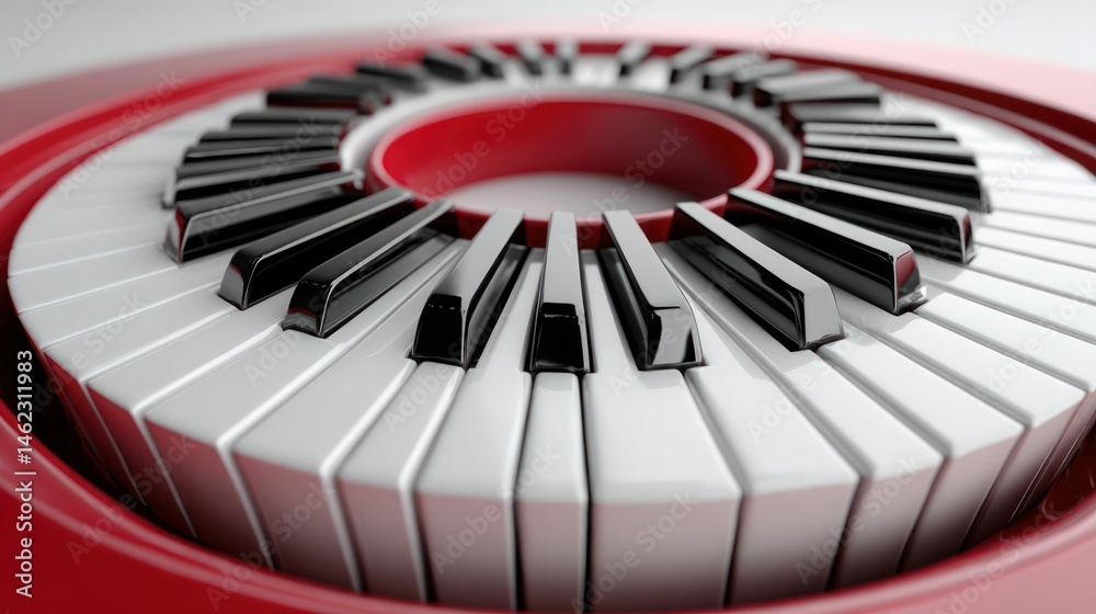 Naklejka premium A creatively designed piano with a circular shape and striking red and black keys composition.