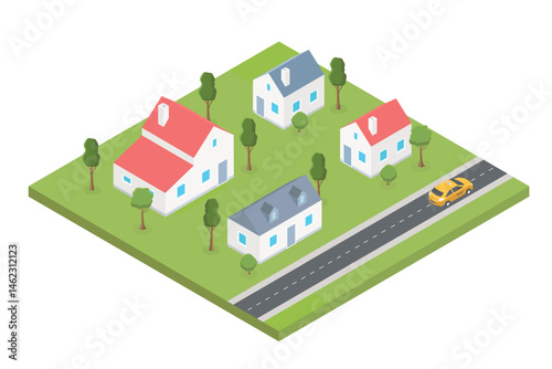 Country village district isometric illustration of a rural area with many buildings and houses, streets, trees and vehicles