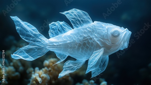 A translucent vellum origami fish backlit by soft blue light, casting delicate shadows that mimic underwater light refraction