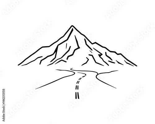A simple line drawing of a road to mountain peak art