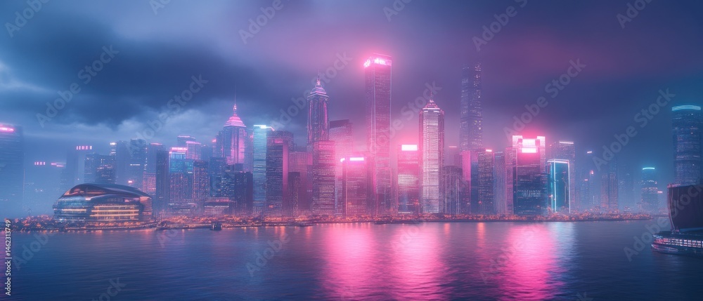 Fototapeta premium Futuristic skyline at dusk with glowing buildings reflected