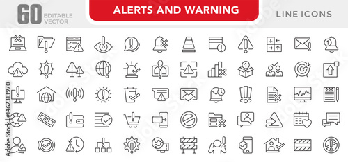 Alerts and Warning line icon set. Alert, caution, danger, error, danger warning, chemical, hazard, protection, natural disasters, rescue services, and emergency line icon set. UI thin line icon pack.