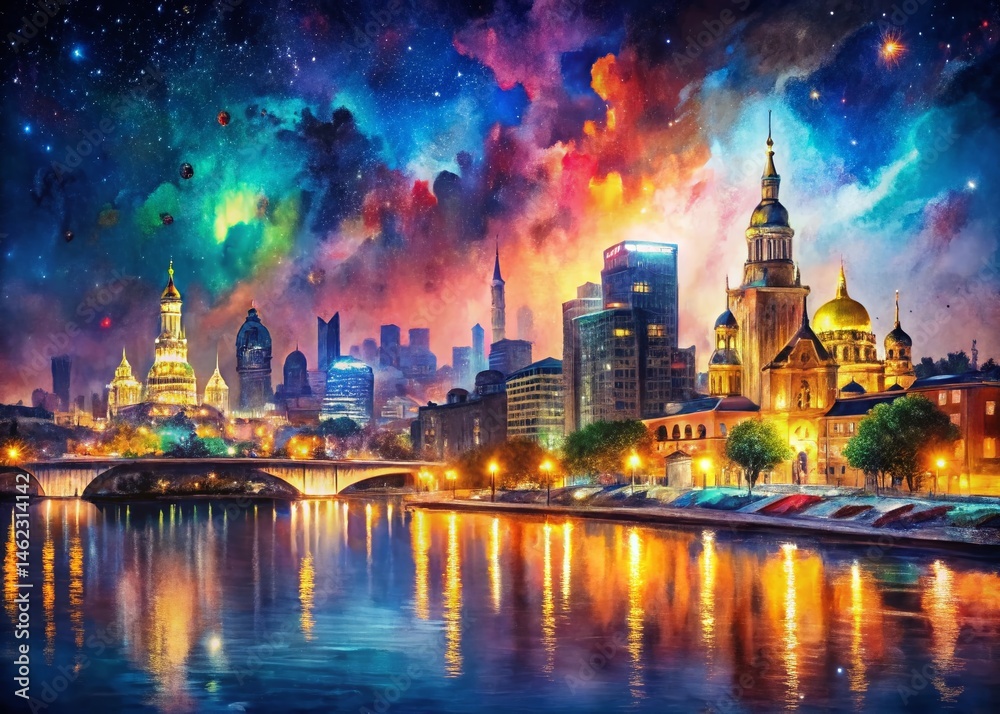 Fototapeta premium Night Watercolor Landmarks: Global Cityscapes in Vibrant Hues