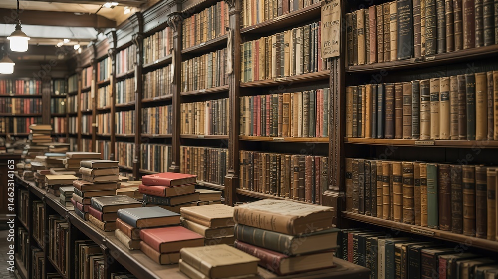 Fototapeta premium Antique library with towering shelves and stacks of aged books u