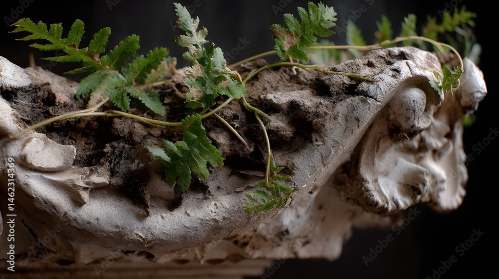 Naklejka premium Ferns growing on an antique stone carving against black background.