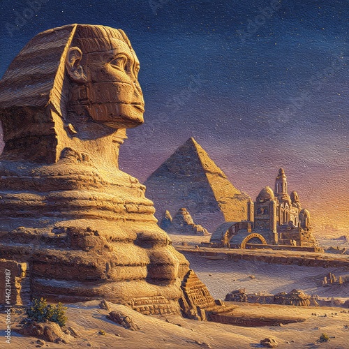 Majestic Sphinx and pyramids under a twilight sky, capturing ancient Egyptian heritage.