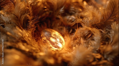 Obraz na płótnie Golden egg nestled in soft brown feathers, isolated on white background. w salonie