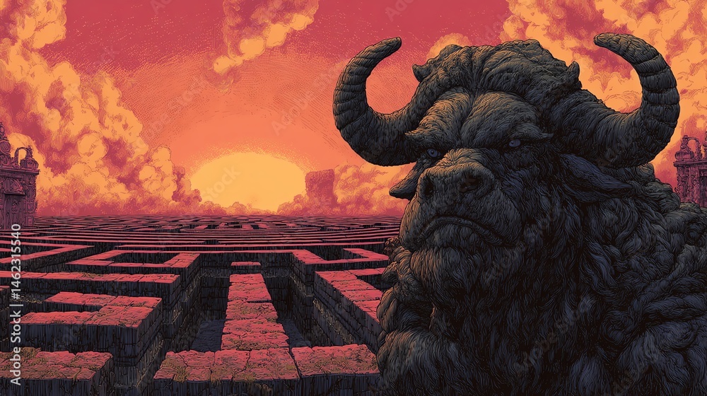 Mythical creature in a labyrinth against a vibrant sunset sky.
