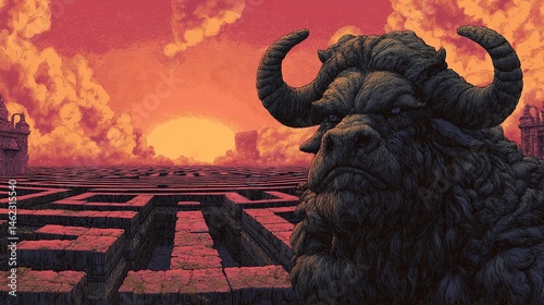 Obraz na płótnie Mythical creature in a labyrinth against a vibrant sunset sky. w salonie