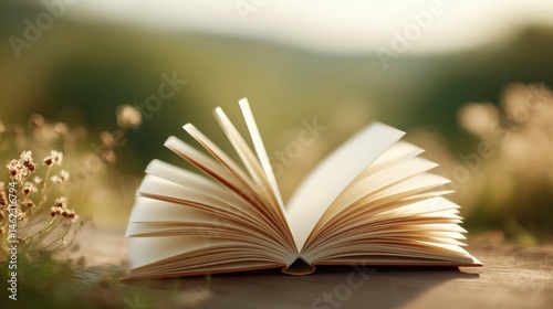 An open book, its pages gently turned, resting on a wooden surface, outdoors in nature.