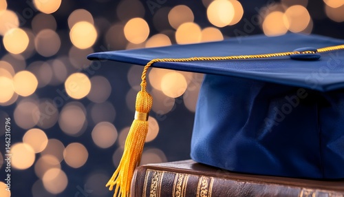 A navy blue graduation cap rests atop aged books, set against a bokeh backdrop of warm lights