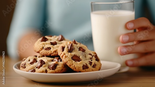 Cookies and milk are sitting on a table with a person reaching for the glass. - high quality Cookies and milk are sitting on a table with a person rea