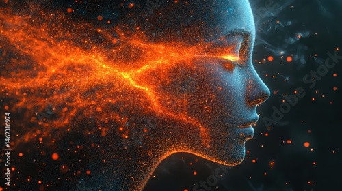 Futuristic human profile with fiery digital lines and glowing particles on black background